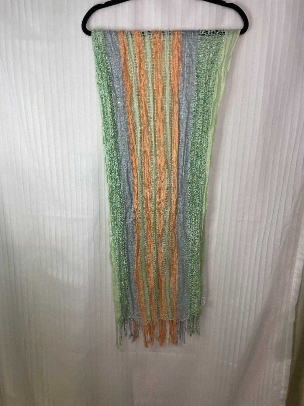 Charming Charlie Pastel Striped Knit Scarf Green Gray Peach Fringe Lightweight